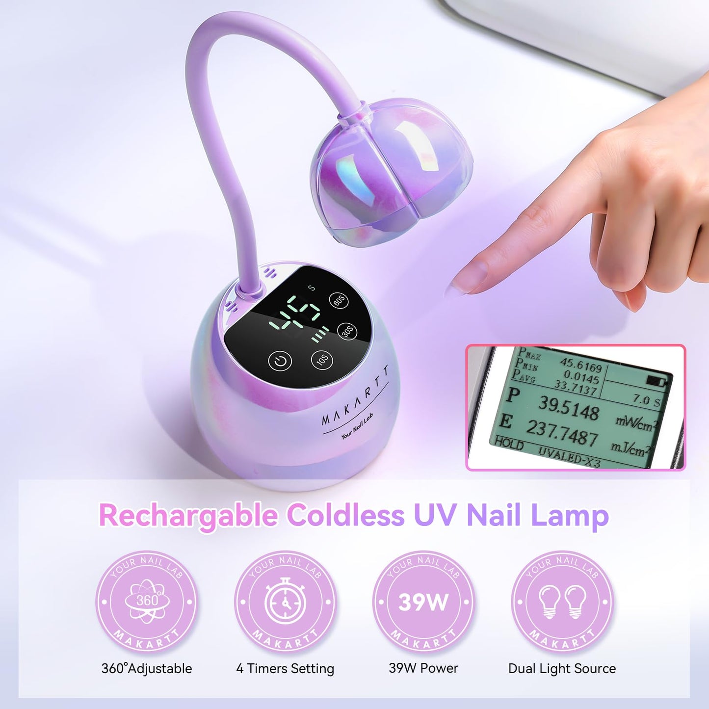 Makartt UV LED Nail Lamp - Gooseneck UV Light for Gel Nails USB 39mW/cm² Cordless Flash Cure Lamp with 4 Times & Auto Sensor Nail Dryer Fast Curing Nail Art Design for Salon Home DIY (Glazed Purple)