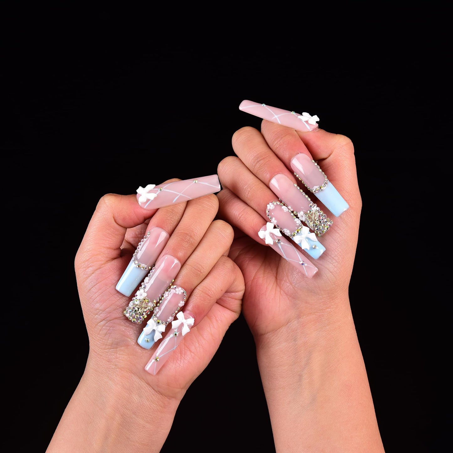 Tmani 10pc/set Extra Long Handmade Press On Nail Hot Girl's Long Ballet Square Nail Full of Diamond Glitter Decoration Fake Nails Suitable For Girls Festival Parties and Birthday Gift（238,Size-L)