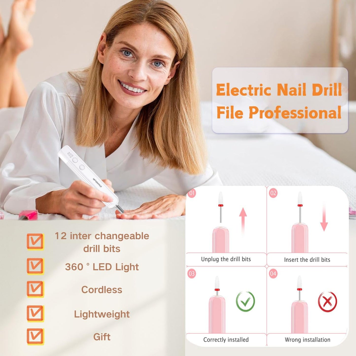 XunmotorYao Electric Nail File Set,Professional 3 Speeds Cordless Electric Nail Drill Kit for Acrylic Gel Nails,12 in 1 Manicure and Pedicure Tools for Home Salon(White)