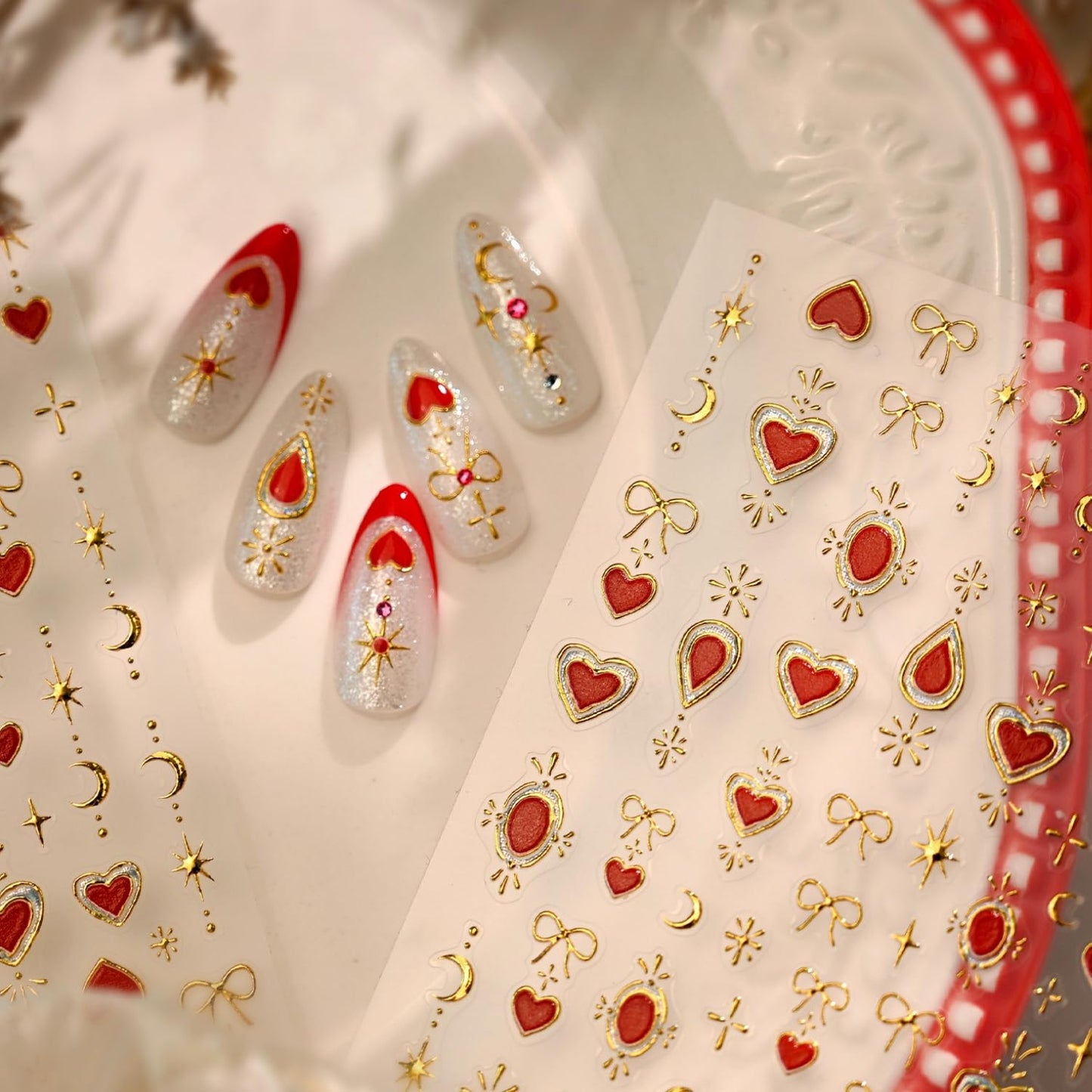 Gold Moon Star Nail Art Stickers 5D Embossed Red Heart Nail Stickers for Nail Art Bow Nail Decals Gold Nail Design Star Nail Supplies for Women Girls DIY Manicure Decoration