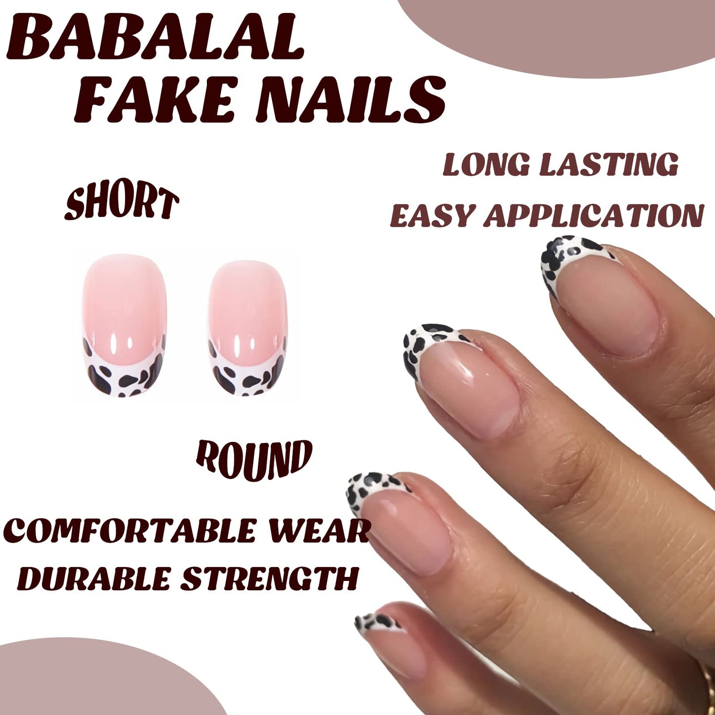 BABALAL Round Press on Nails Short Fake Nails Cow Print French Tip Glue on Nails 24Pcs Oval Acrylic Nails for Women and Girls