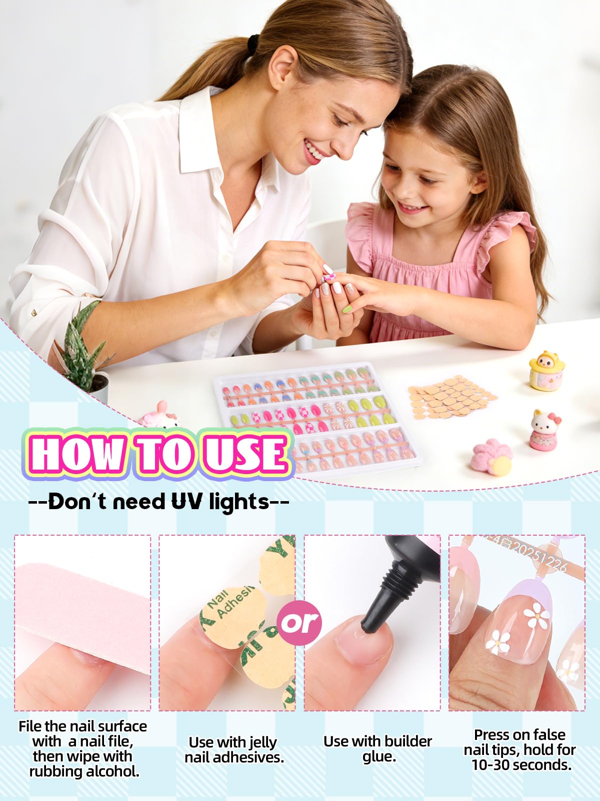 72 Pieces Press on Nails Grils, EBANKU Kids Fake Nails with Glue Kit Full Cover Short Acrylic Nails Art Decoration for Girls 8-12