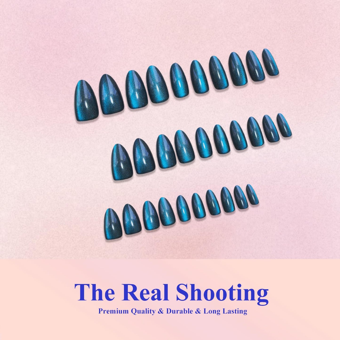 KQueenest Cat Eye Press On Nails Almond - Dark Ocean Blue Press On Nails Medium Stiletto, 30 Pcs 15 Sizes Glitter Fake Nails Press ons Black, Upgrade Thick Quality Glue on Nail for Women Party