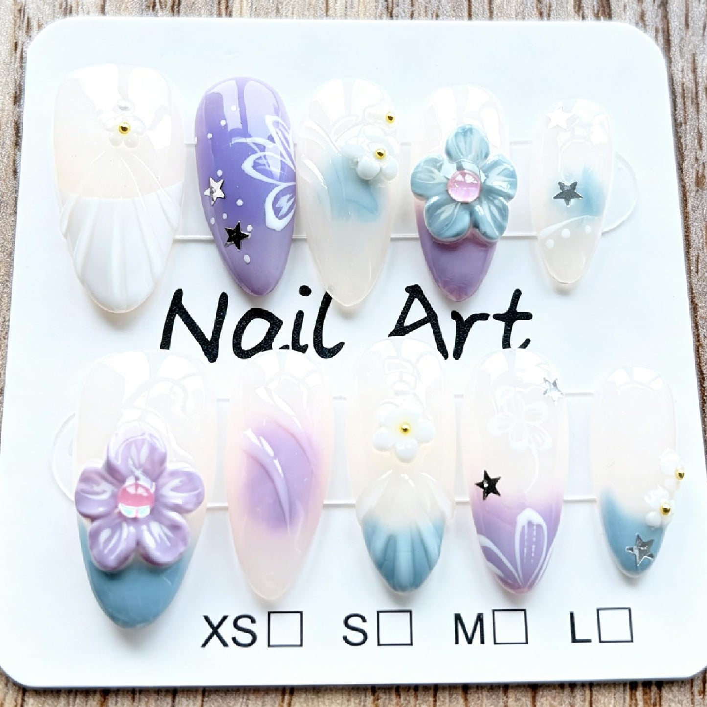 Threelegscat Handmade Almond Press on Nails-Medium, 3D Flower Gradient Blue Purple Reusable Fake Nails for Women Daily Wear, Party, Dating 10 PCS (Size M)