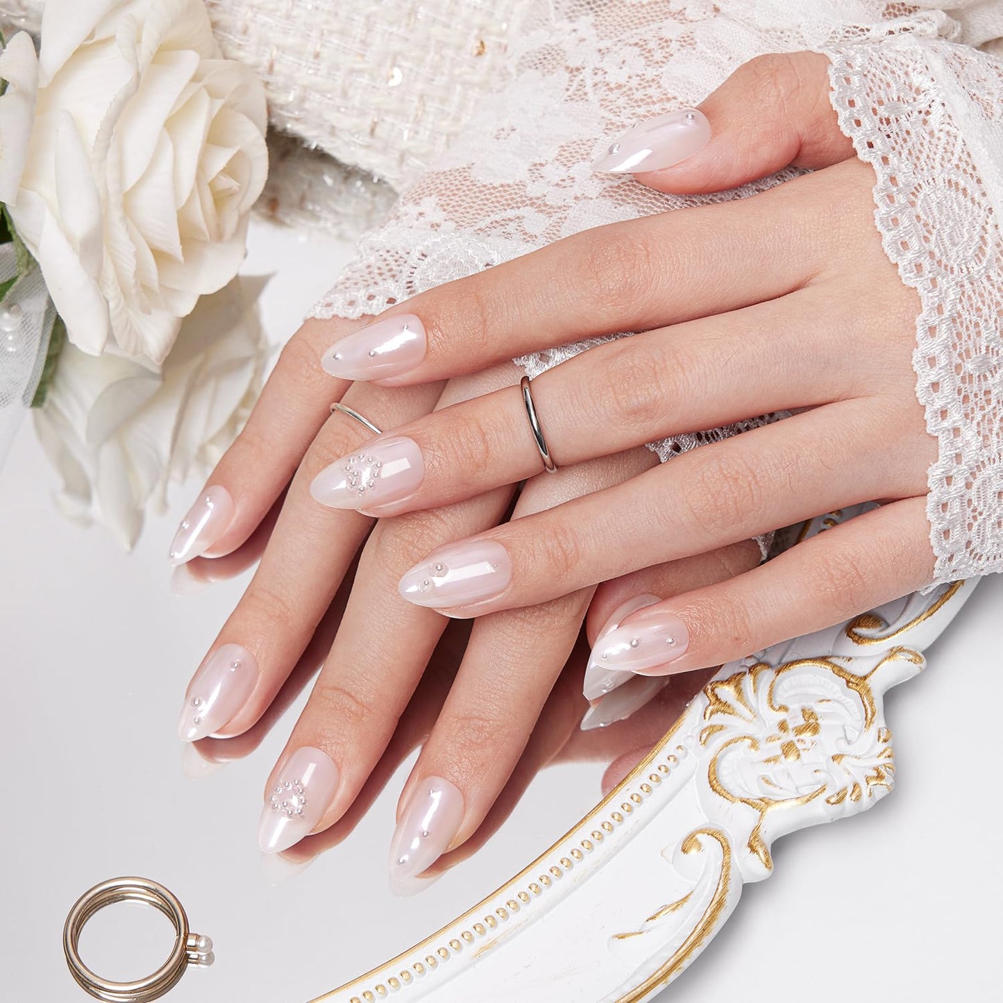 VSALON Short Almond Press on Nails - White Chrome Glazed 3D Pearl Design Fake Nails, Spring Summer Reusable Gel Salon Quality Glue on Nails & Cuticle Oil - 32 PCS Stick on Nails in 16 Sizes
