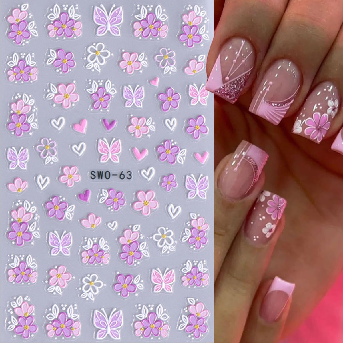 4 Sheets Pink White Flower Nail Art Stickers 3D Embossed Flowers Butterflies Hearts Nail Decals Cute French Floral Nail Stickers for Women Spring Summer DIY Nail Decorations