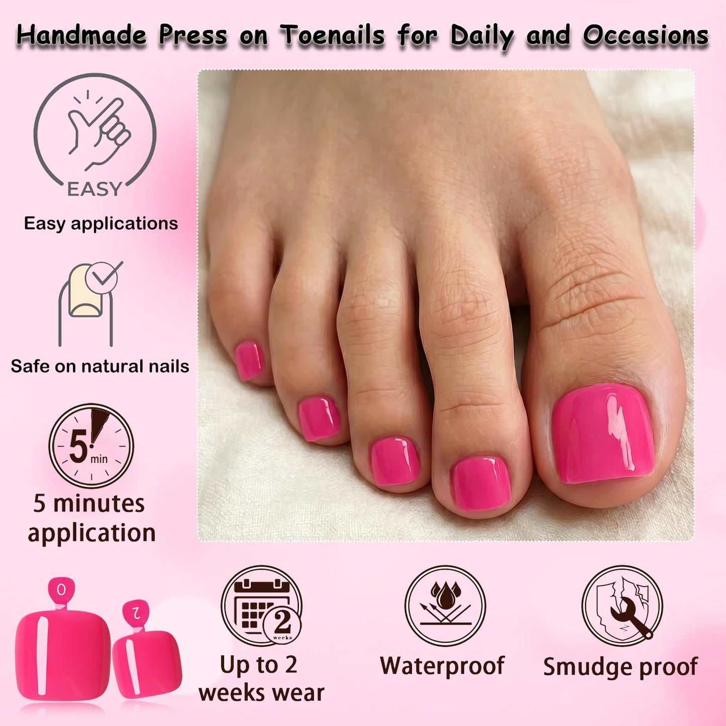 120pc Press on Toenails Women Fake Toe Nail Press ons,Rose Pink Acrylic Toenail Press ons Toes Nails Fake Toenails Glue on Toe Nail Tips 12 Sizes Toe Press-on Pedicure Presson False Nails for Feet
