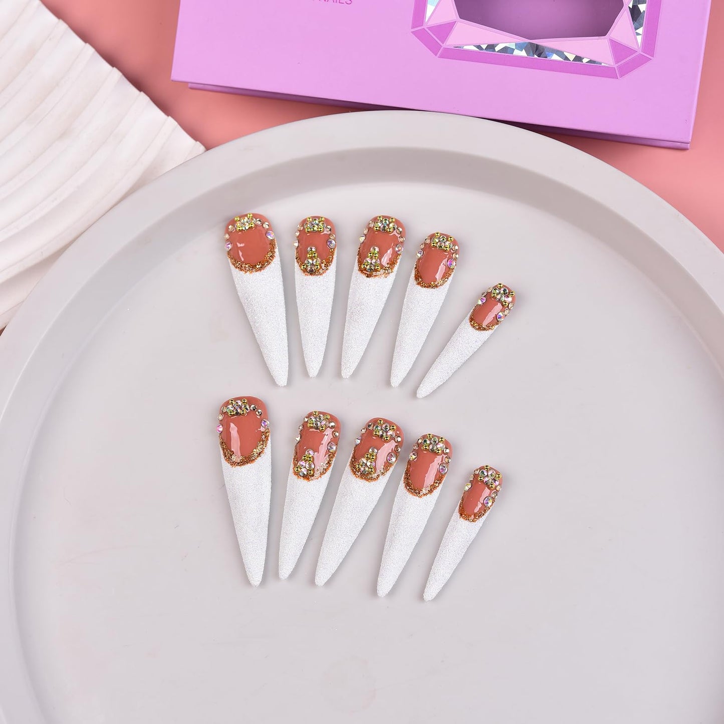 Tmani 10pc/set Extra Long Handmade Press On Nail Hot Girl's Long Ballet Nails Pointed Nail Full of Diamond Glitter Decoration Fake Nails Suitable For Girls Festival Parties and Birthday Gift（143,S)