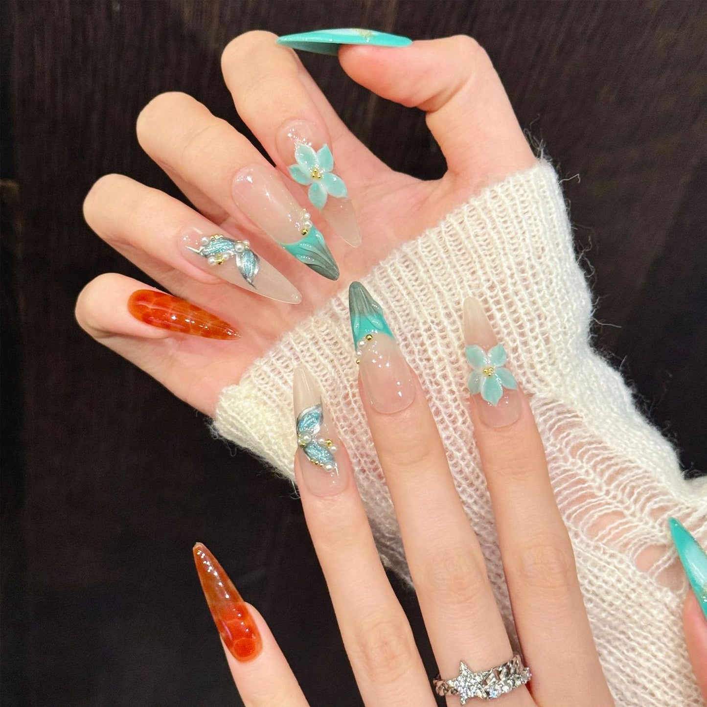 10 Pcs Handmade Press on Nails Long Stiletto Fake Nails with Design Blue 3D Flower Glitter False Nails French Tip Acrylic Stick on Nails for Women Wedding Nail Art - Size M