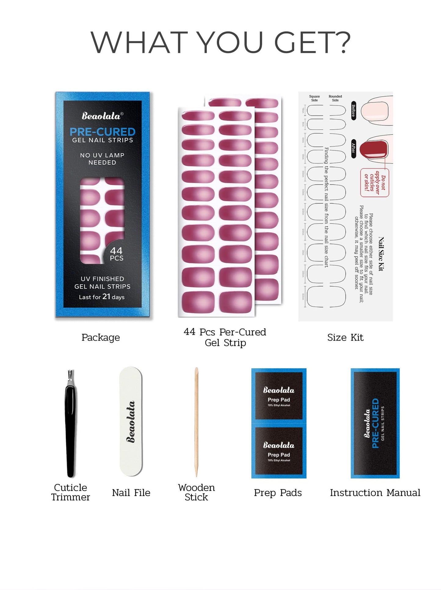 Beaolata Real Gel Nail Strips (No UV Light Needed) - 44Pcs Salon Quality Nail Stickers - Long Lasting Polish Wraps for Women, Easy Apply & Remove (Bold Pink)