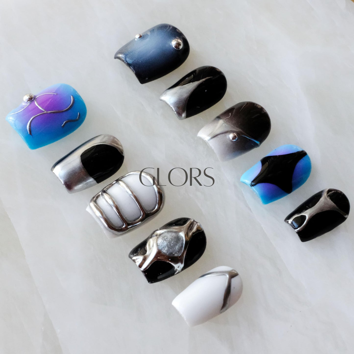 [GLORS] Purely Handmade Press On Nails | AI Cyberpunk Style Wearable Fake False Nails | Salon Quality with Metallic Short Nail Art in Short Square 10 pieces(XS,SS)