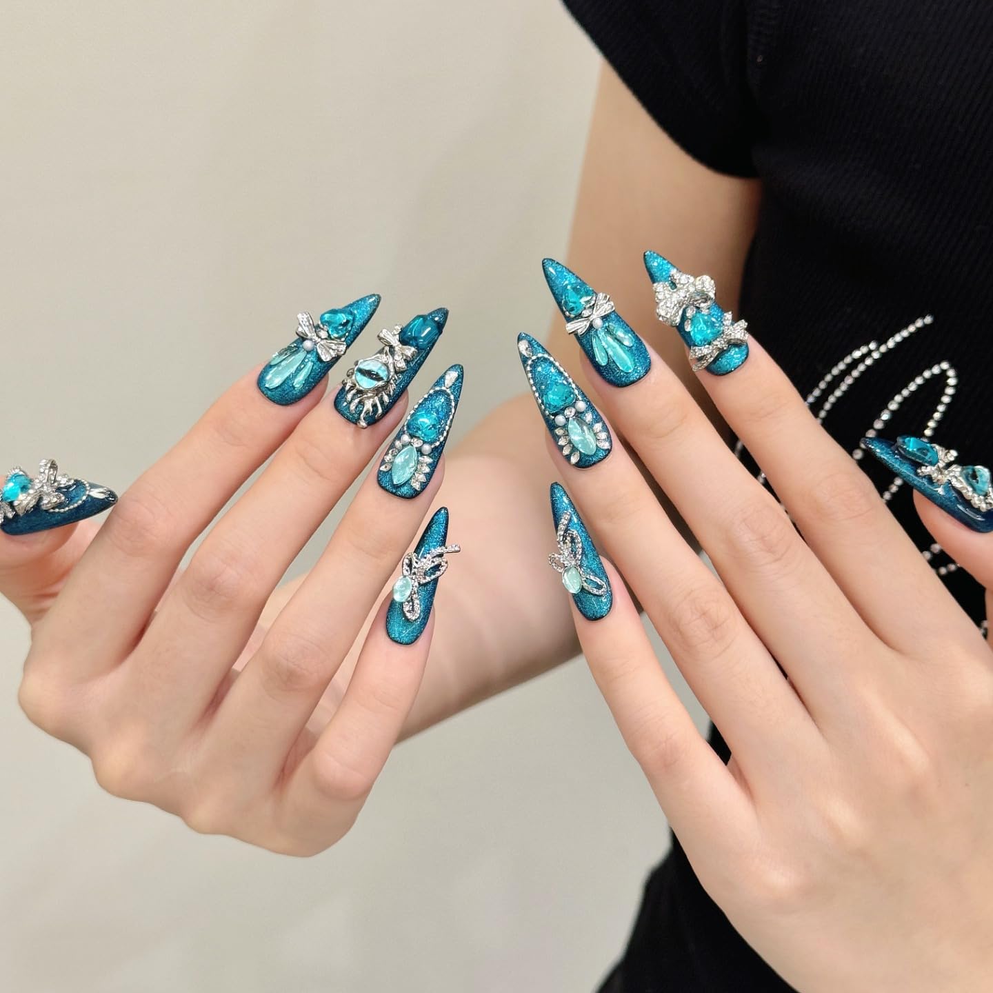 Yacey Luxury Jewel Handmade Press on Nails, Long Stiletto Reusable False Nails Press Ons, Blue Thick Acrylic Fake Nails with Charms, 3D Bling Glue on Nails for Women Girls (10 Pcs, S)