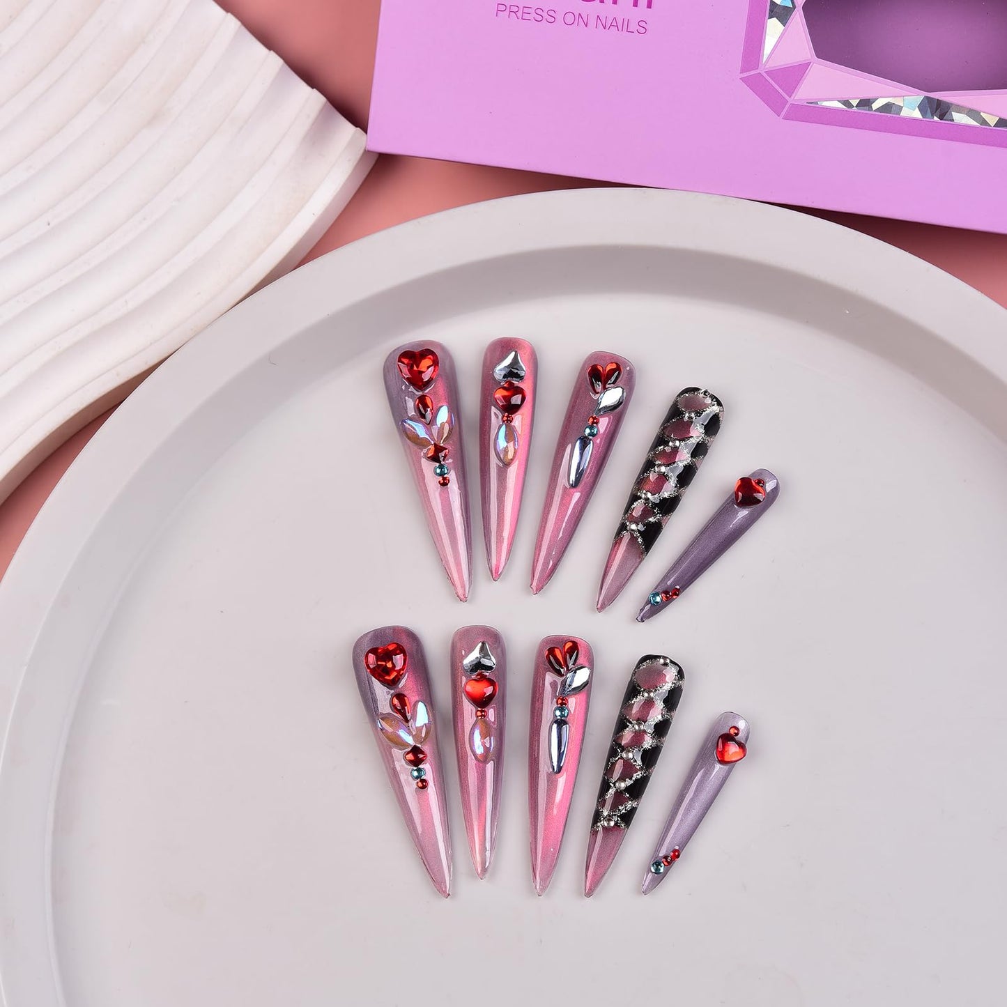 Tmani 10pc/set Extra Long Handmade Press On Nail Hot Girl's Long Ballet Nails Pointed Nail Full of Diamond Glitter Decoration Fake Nails Suitable For Girls Festival Parties and Birthday Gift（102,S)