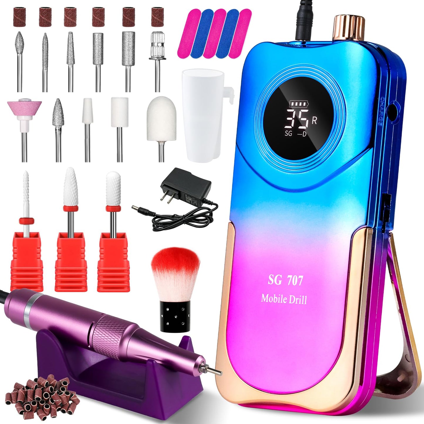 Moskany Professional Electric Nail Drill Kit 35000RPM with 14PCS Bits Purple Blue Portable Rechargeable Cordless File Machine for Acrylic Gel Powder Nails and Manicure Pedicure Toenail Tool Salon Set