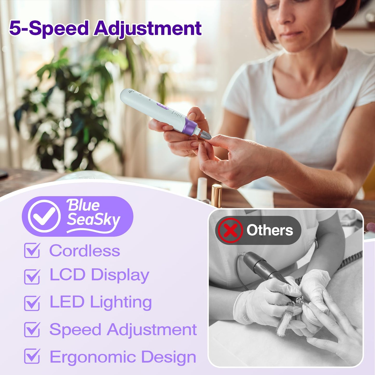 Professional Electric Nail Drill 2000mAH Portable Cordless Electric Nail File 10 in 1 Manicure Pedicure Kit ,5-Speeds Toe Nail Tools Hand Foot Care,Thick Toenail Grinder for Women Men Pets (Purple)