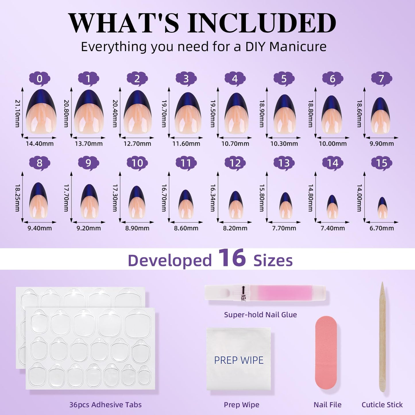 Chrome French Tip Press On Nails, Short Almond Glossy Blue Mirror Fake Nails, Reusable Nail Set with Glue for Women, 32pcs in 16 Sizes, Great for Everyday Wear