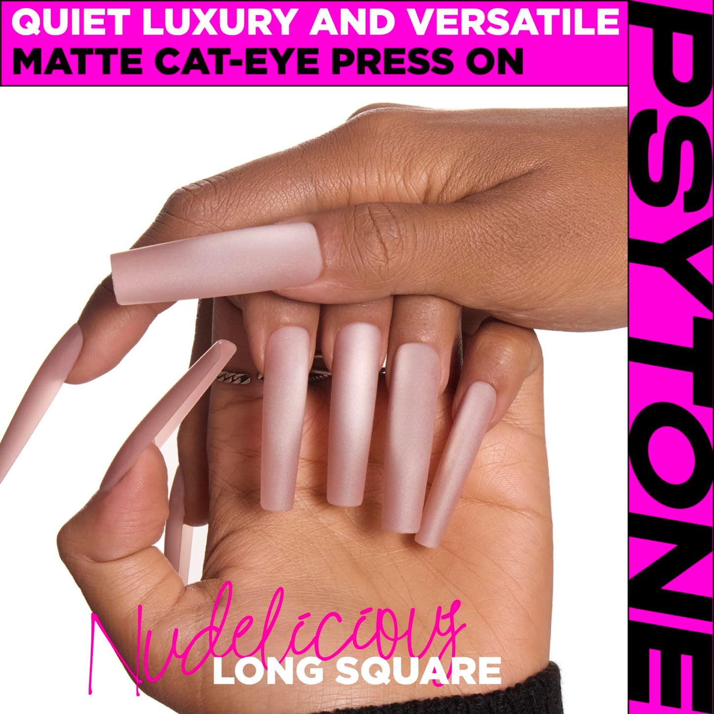 PSYTONE Matte Cat Eye Extra Long Square Press On Nails|15 Sizes - 30 Nail, Frosted Nude Pink Reusable Fake Nails Kit with Glue & Tools, Velvet Matt Finish for Women, Wedding, Daily Wear