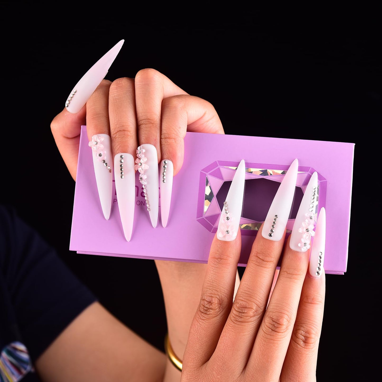 Tmani 10pc/set Extra Long Handmade Press On Nail Hot Girl's Long Ballet Nails Pointed Nail Full of Diamond Glitter Decoration Fake Nails Suitable For Girls Festival Parties and Birthday Gift（003,S)