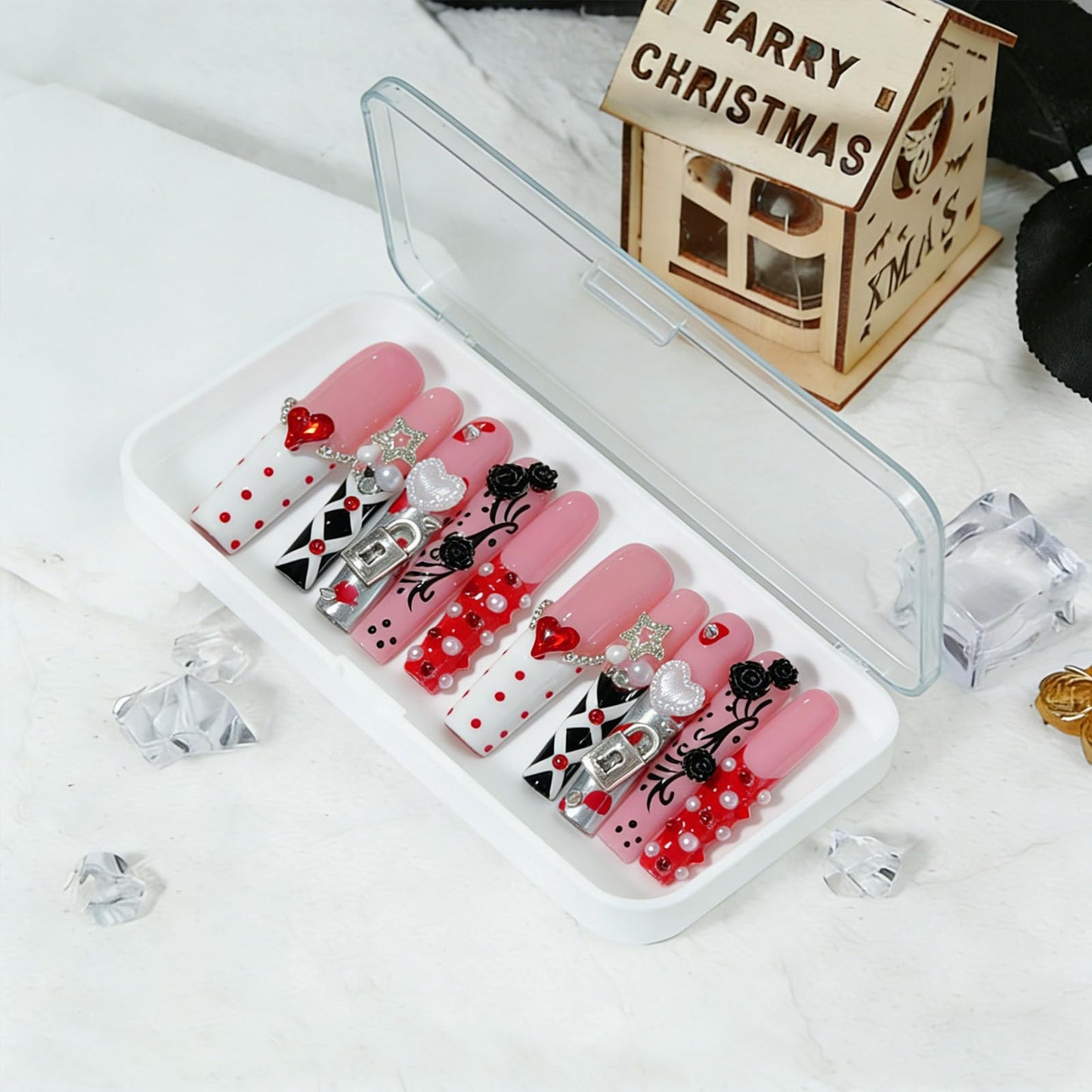 10 Pcs Extra Long Handmade Press on Nails Square Fake Nails with 3D Flowers Lock Love Charms Design Pink Acrylic False Nails White French Tip Press Ons Nails Long for Women Wedding Party - M Size