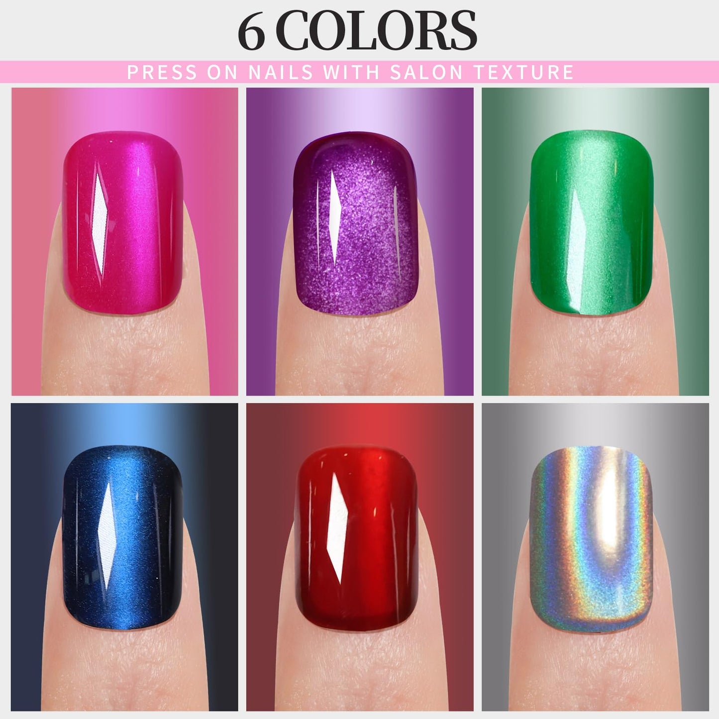 FANDAMEI Press on Nails, 6 Colors Press on Nails Short, Glossy Cat Eye Nails Short Square, Natural Fake Nails for Women, with Adhesive Tabs