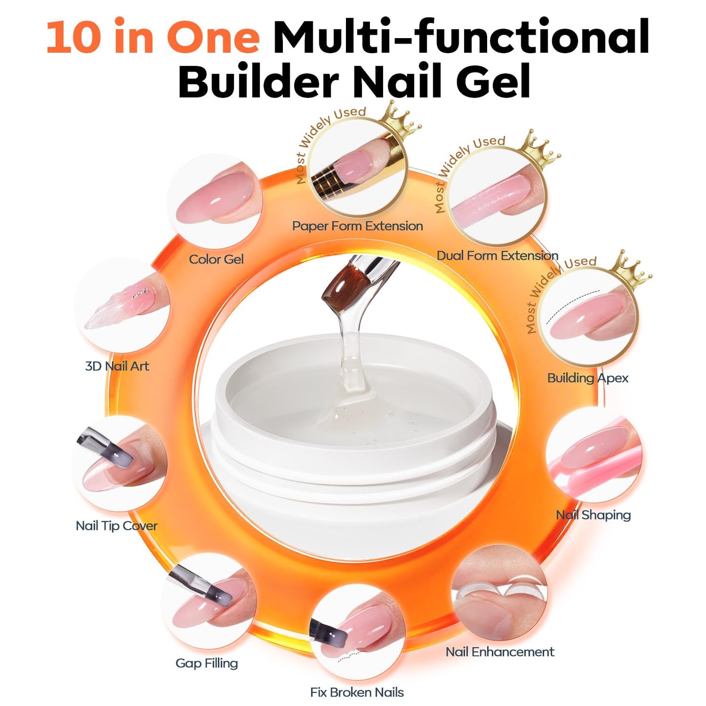 modelones Gel Builder for Nails 2 Colors, 10-in-One Builder Hard Gel Nail Kit Clear Nude with Dual End Brush, Acrylic Clamps, 100PCS Paper Forms for Sculpting Extension Overlays Salon LED Cured