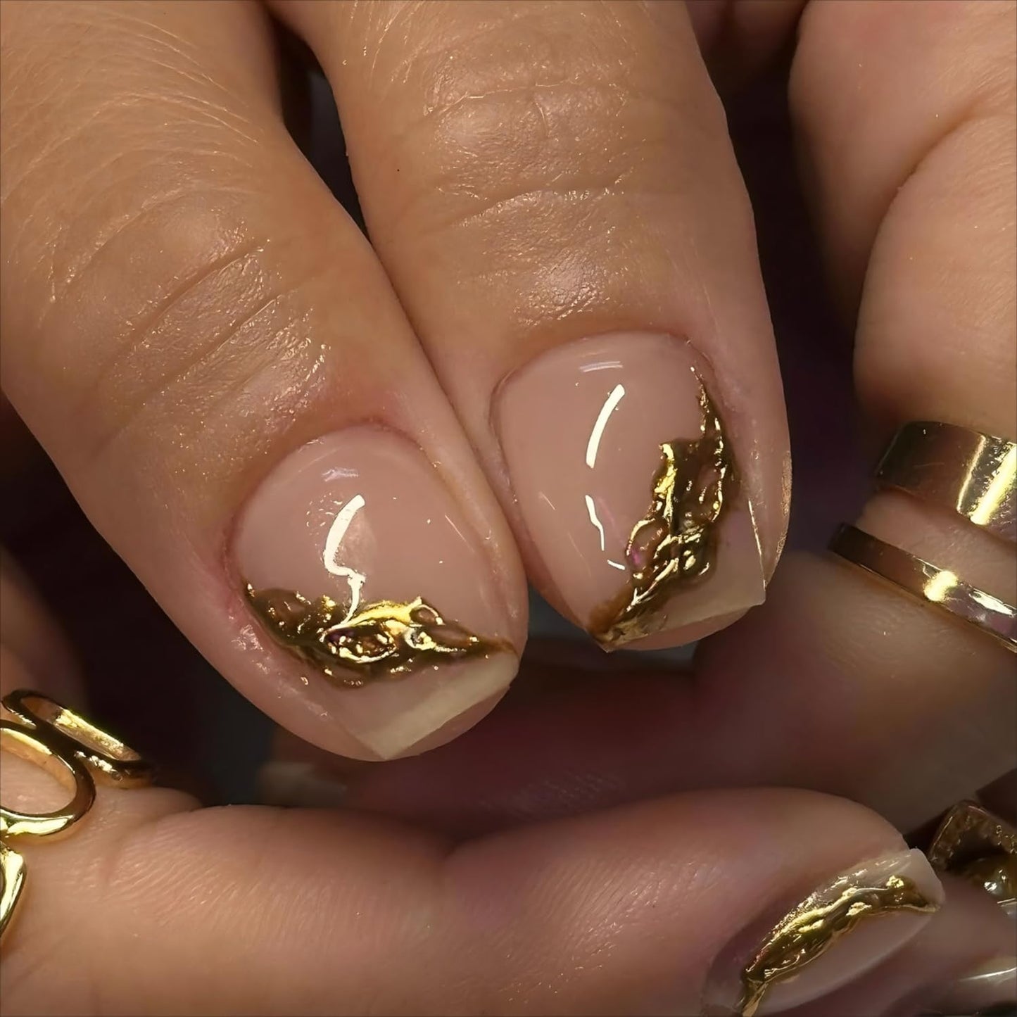 Gold French Tip Press on Nails Short Square Fake Nails with Flower Leopard 3D Designs Floral Glue on Nail Reusable Artificial Acrylic Extra Short Full Cover Stick on Nail for Luxury Women 24 Pcs