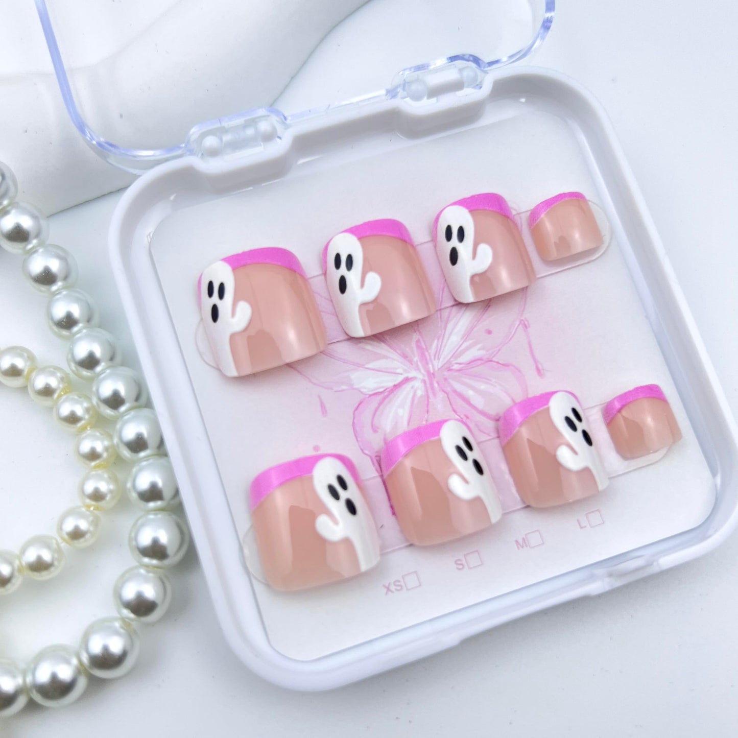 Halloween Pink French Press on Toenails Short Square Fake Toenails Cute Ghost False Toenails Pink Halloween Glossy Full Cover Acrylic Glue on Toe Nails s for Women Manicure Decoration 24Pcs