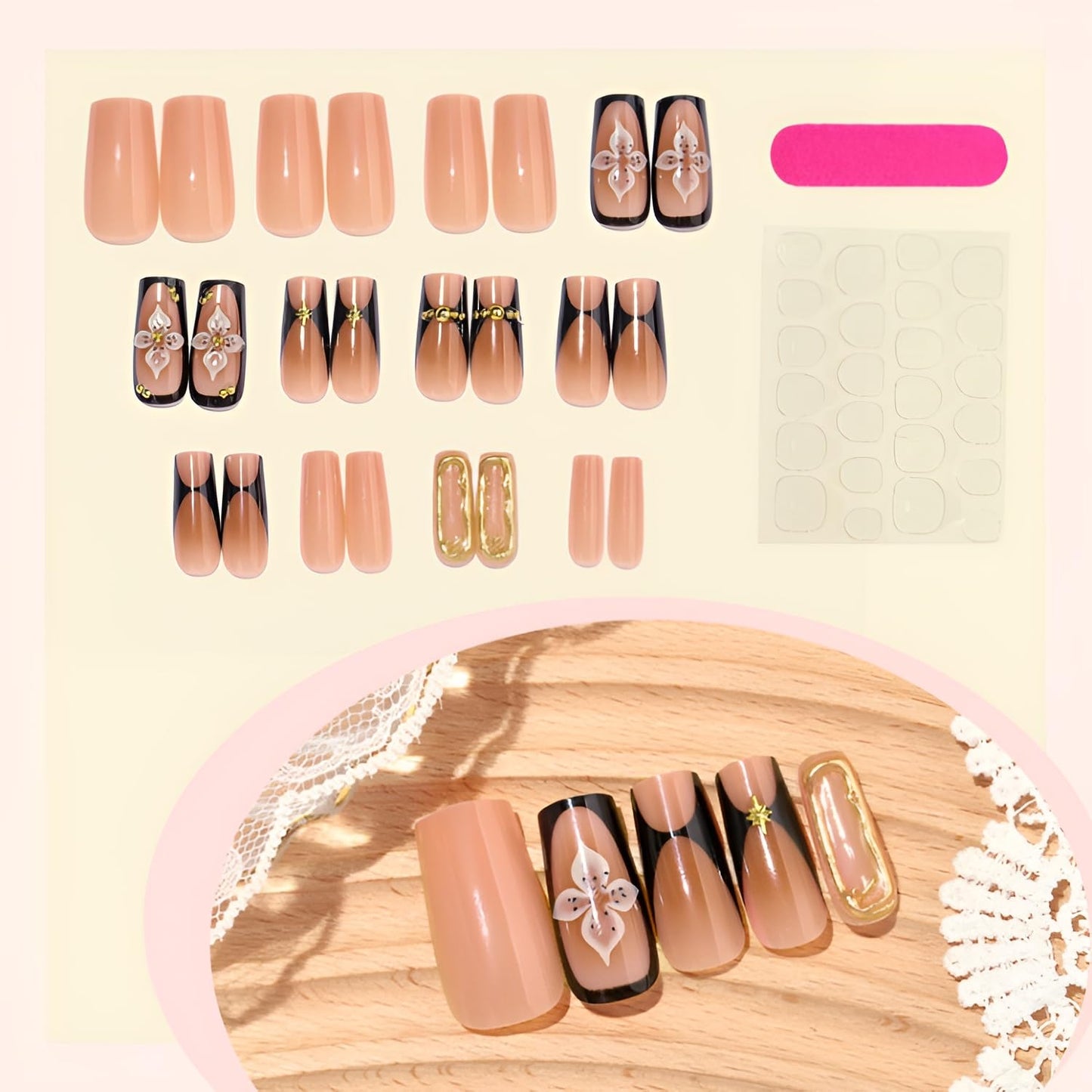 24Pcs Flower Press on Nails Medium Square Fake Nails Brown Nails Press Ons French Tip False Nails Glossy Glue on Nail with Gold Rhinestones Design Gradient Stick on Nail for Women Set