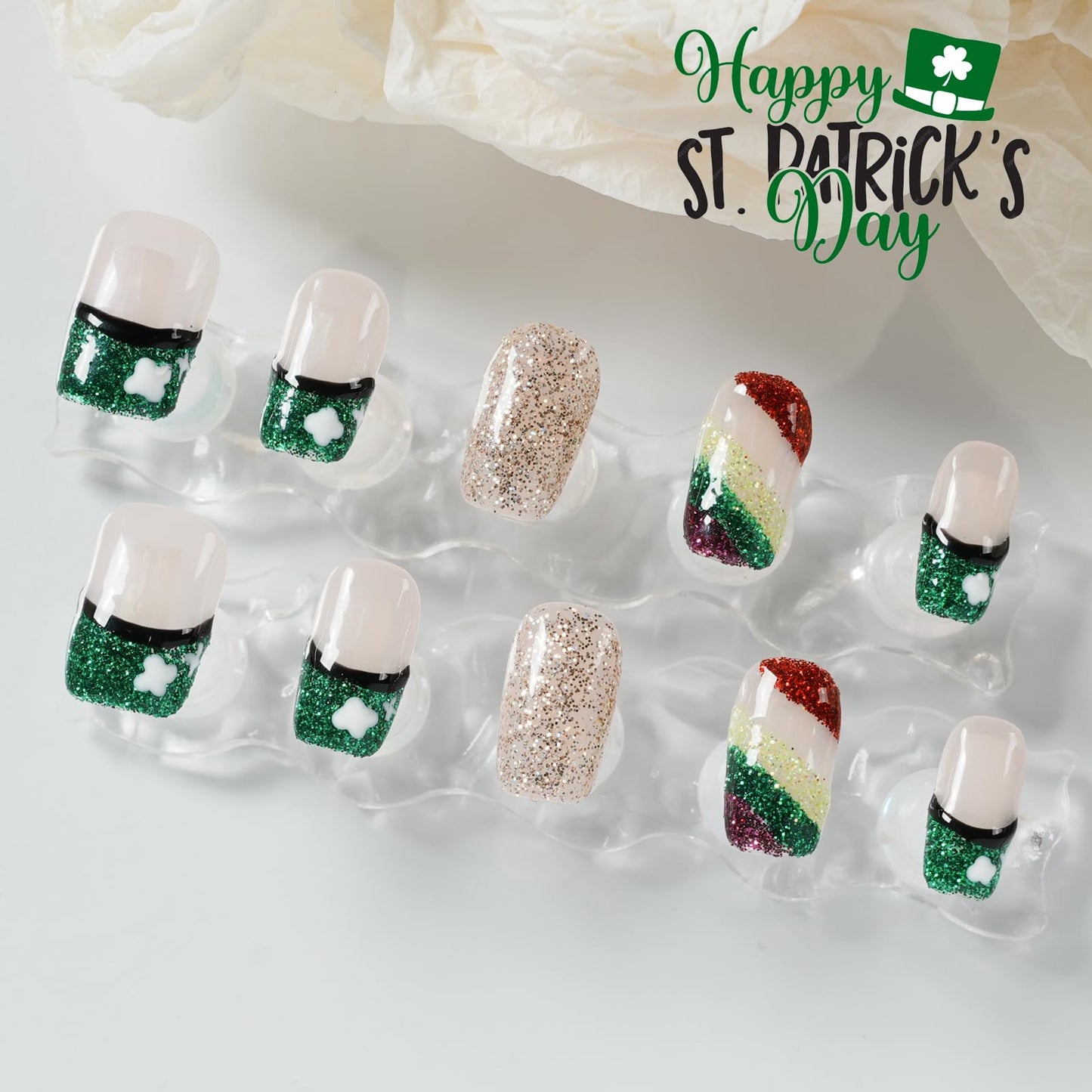 Tesytto Medium Square Press On Nails, Nude with Green Glitter French Tips and Hand-Painted White Clover, Rainbow Glitter Gradient Thick Acrylic Nails (Size M)