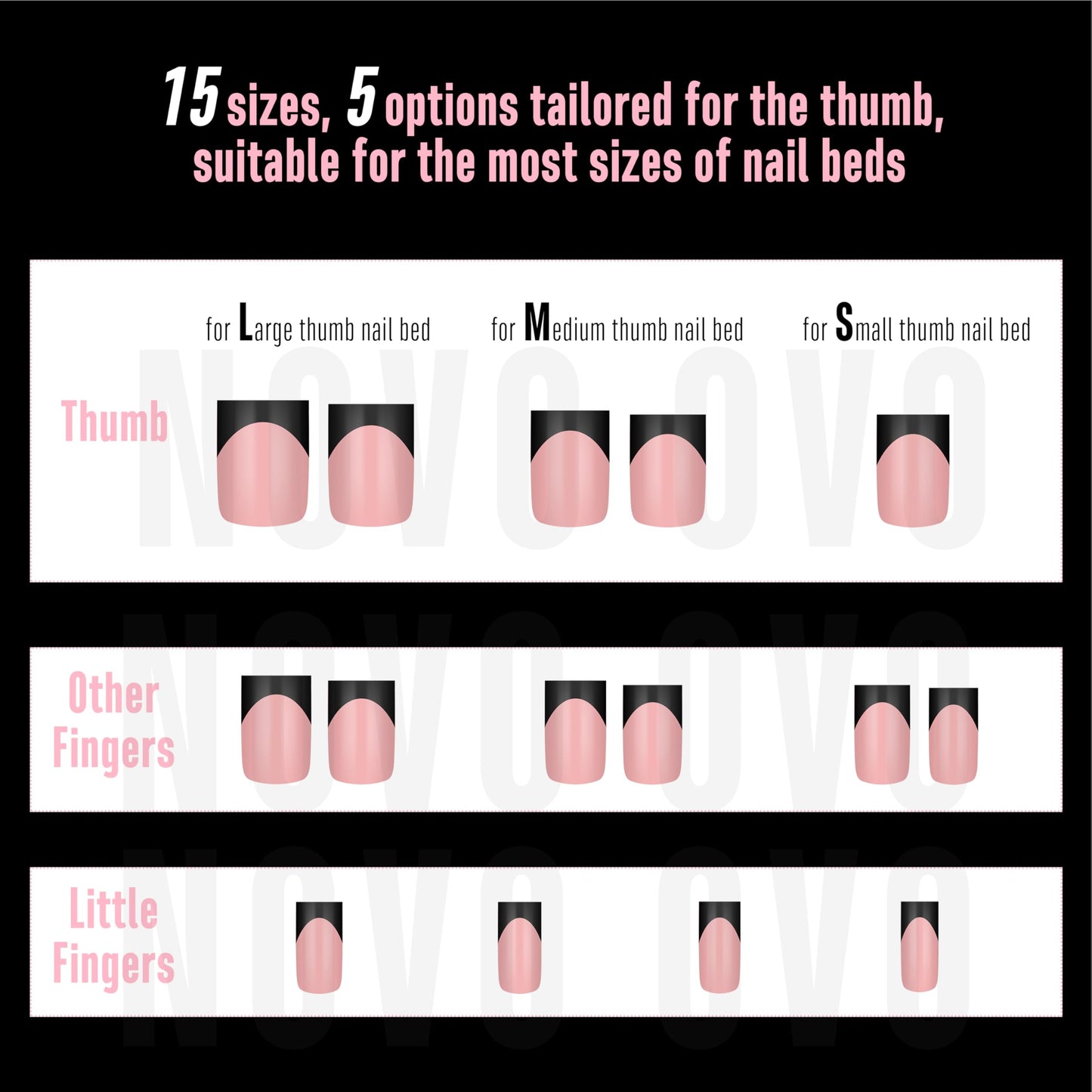 NOVO OVO Short Sharp Square Black French Tip Nail Tips Press on BABY PINK, Extra Thick NEED Nail Glue Builder Gel Top Coat, Soft Gel Full Cover Fake Flase Nail Extension for DIY x 15 Sizes 240 pcs