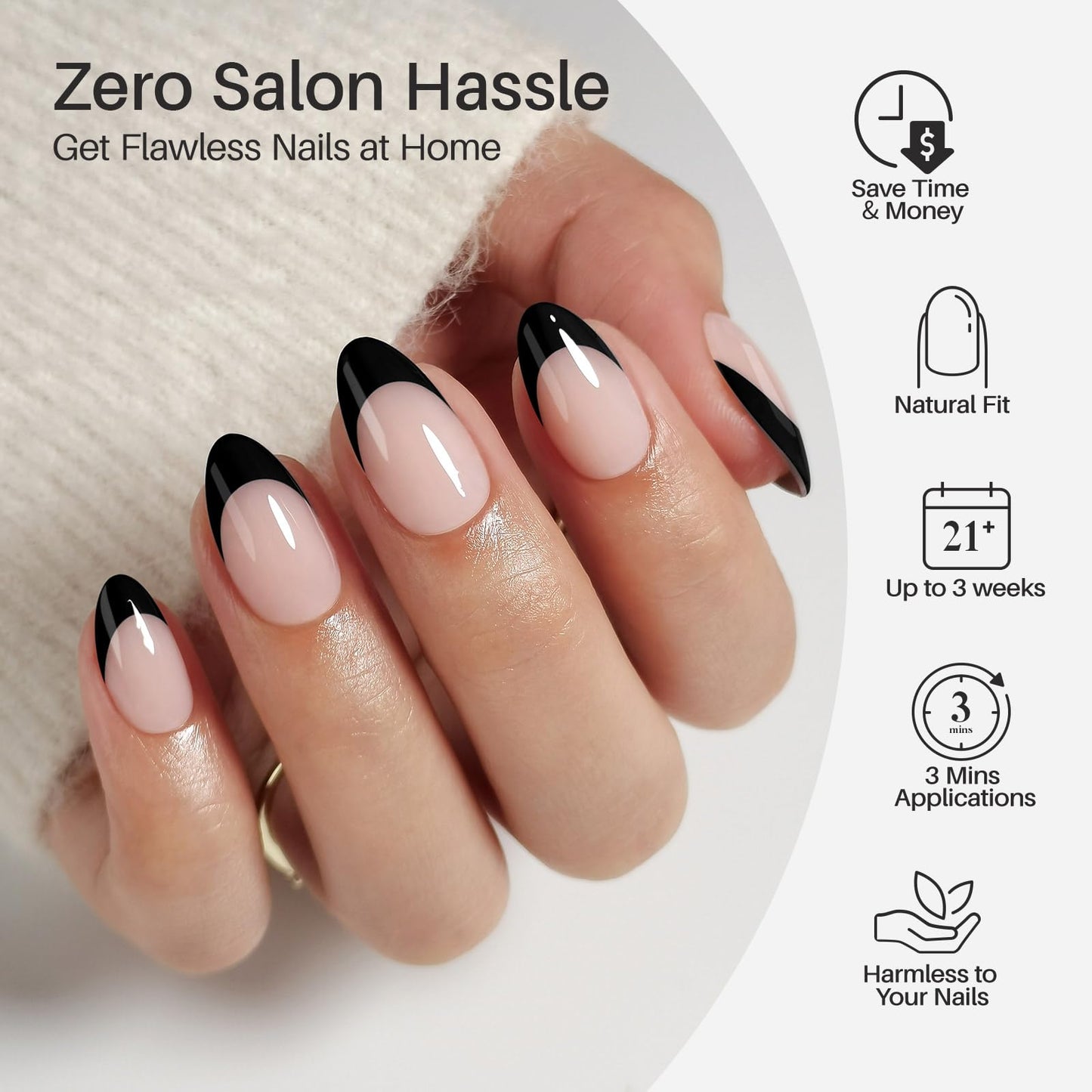 Black French Tip Press on Nails Almond - SHANGMENG Soft Gel Short Press on Nails for Women Gift, Fit Perfectly & Natural Reusable Stick on Nails in 16 Sizes - 32 Fake Nails with Glue, French Black