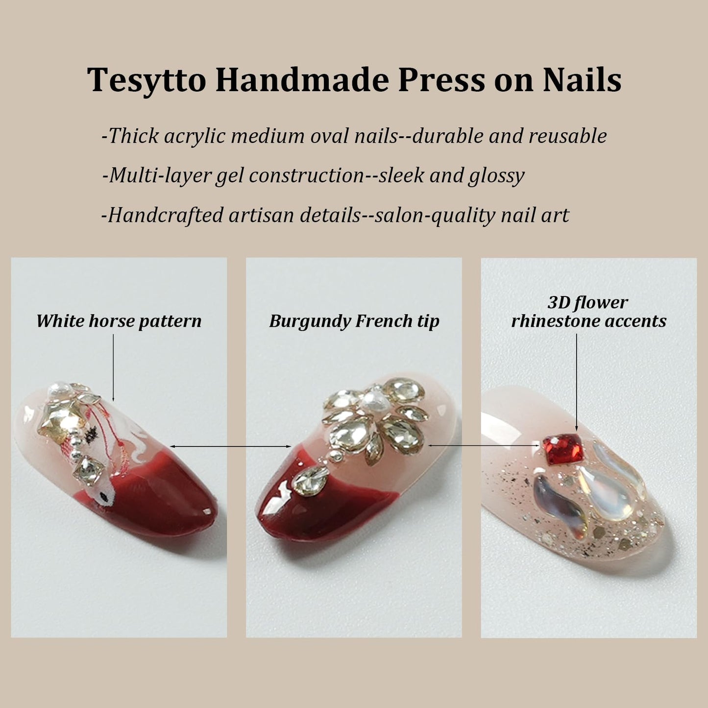Tesytto Handmade Press on Nails Medium Almond, Luxury 3D Rhinestone Crystal Flower & Red Gem, Nude Burgundy Ombre Glitter Fake Nails with Pearl Aurora Shell Design (Crimson Crystal Butterfly Glow,S)