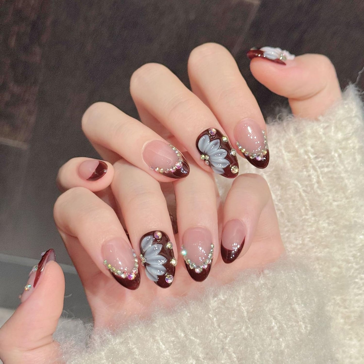 Handmade Press on Nails Medium Almond Fake Nails with 3D Flower Diamond Designs French Tip False Nail Spring Summer Acrylic Nails Dark Red Full Cover Glue on Nail for Women Nail Decor（Size S）