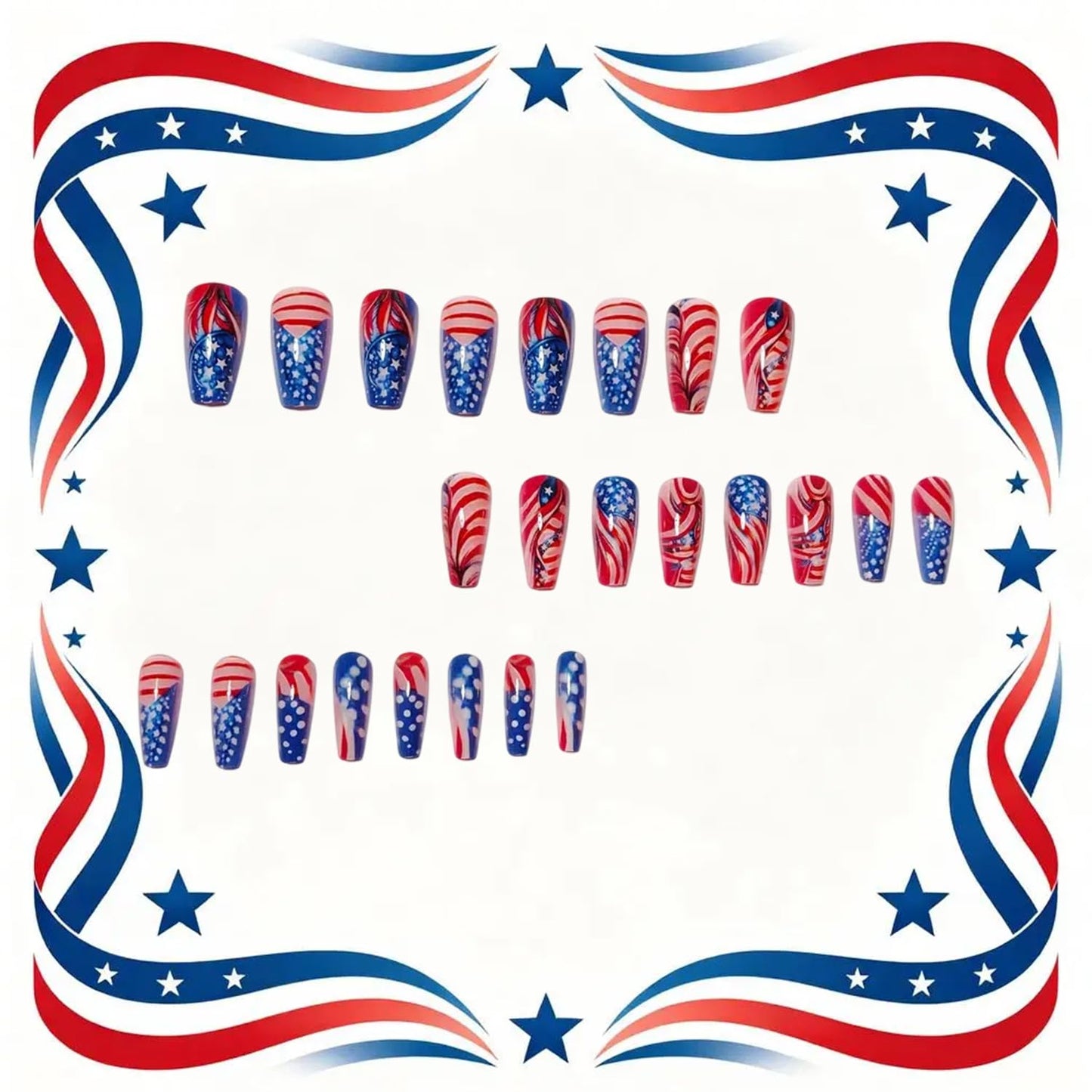 4th of July Press on Nails Medium Ballet Acrylic Nail Retro Feather with White Stars Lines Coffin Nail Independence Day Stick on Nail Reusable Glue on Artificial Fingernails for Women Holiday Manicure