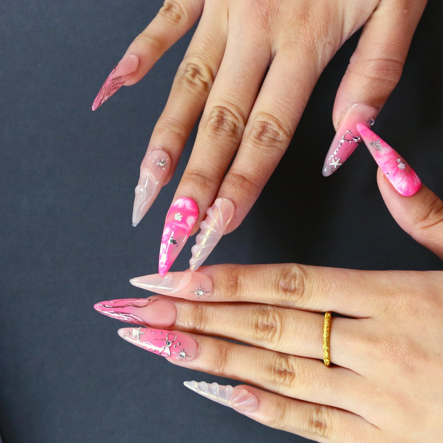 MXYIYANR stiletto Press on Nails Long Fake Nails 3D Flolwer False Nails with Design Full Cover Almond Fake Fingernails Acrylic Stick ons Women 10 Pcs (S)