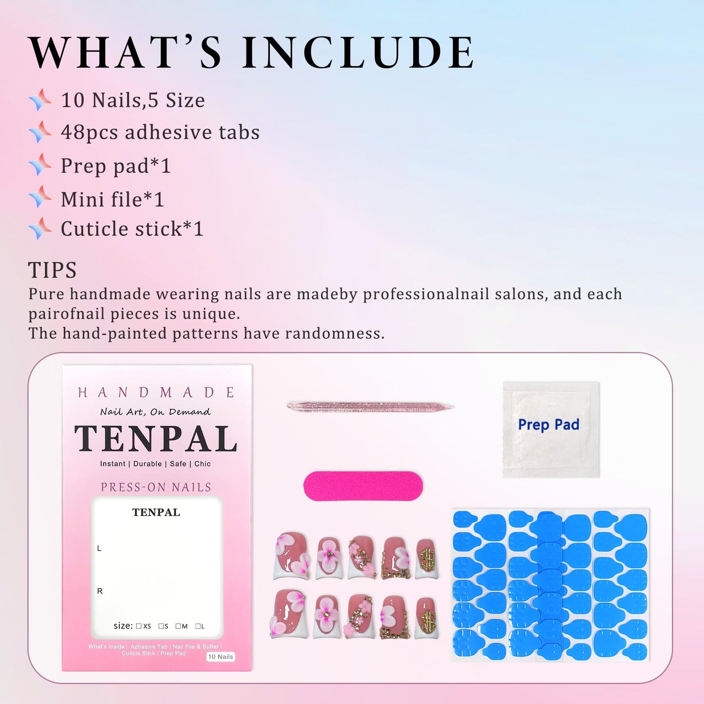 TENPAL Duckbill Press on Nails - White Pink 3D Floral French Tip Fake Nails with Rhinestones | Icy Glossy False Nails with Tools| Handmade Soft Gel Y2K Duck Nails(M)