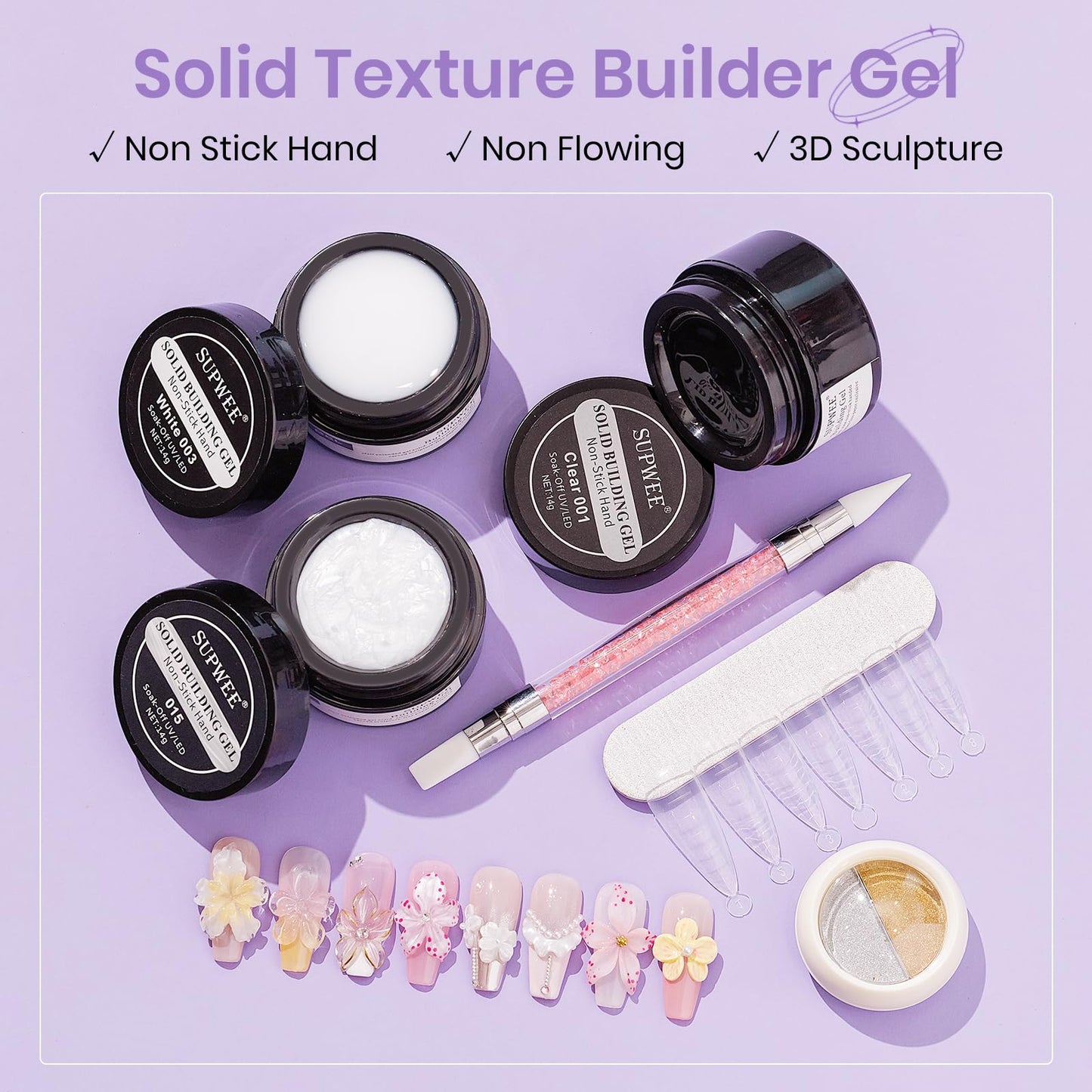 SUPWEE 3d Sculpting Gel for Nail Art Non Stick Hand Hard Gel for Nails Clear White and Pearl White Solid Builder Gels for Nails for Extension Carving Sculpting Beauty Charms for Beignner and Salon DIY