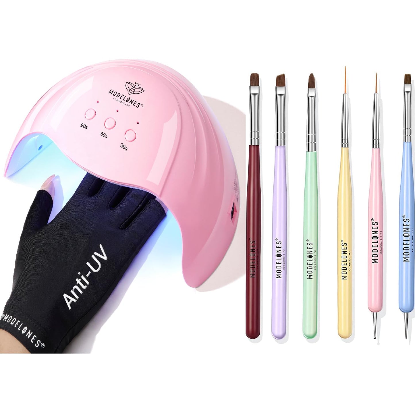 modelones Gel UV LED Nail Lamp with UV Gloves and Nail Art Brushes Set, Nail Art Design Pen Painting Tools with Nail Extension Gel Brush, Nail Art Liner Brush and Nail Dotting Pen for Gel Polish Mani