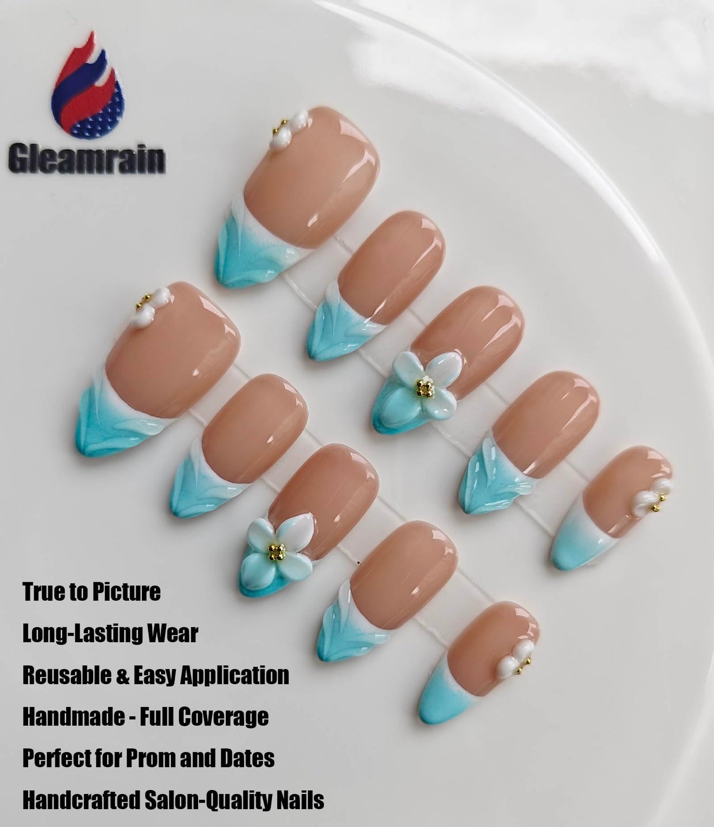 Gleamrain Almond Medium Handmade Press on Nails for Women, Handcrafted Floral Design Nude Base Blue French Tip Reusable Full Cover Fake Nail for Daily Wear Party Birthday D303