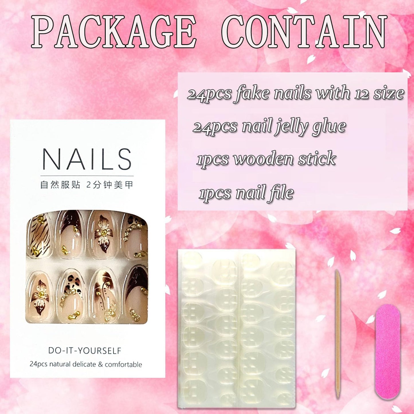 FIEONCIY Press on Almond Nails Short Length Glossy Acrylic Almond Shaped False Nails with Designs Artificial Medium Fake Nails with Charms Glue Stick on Fingernails for Women Girls(WSJ2407)