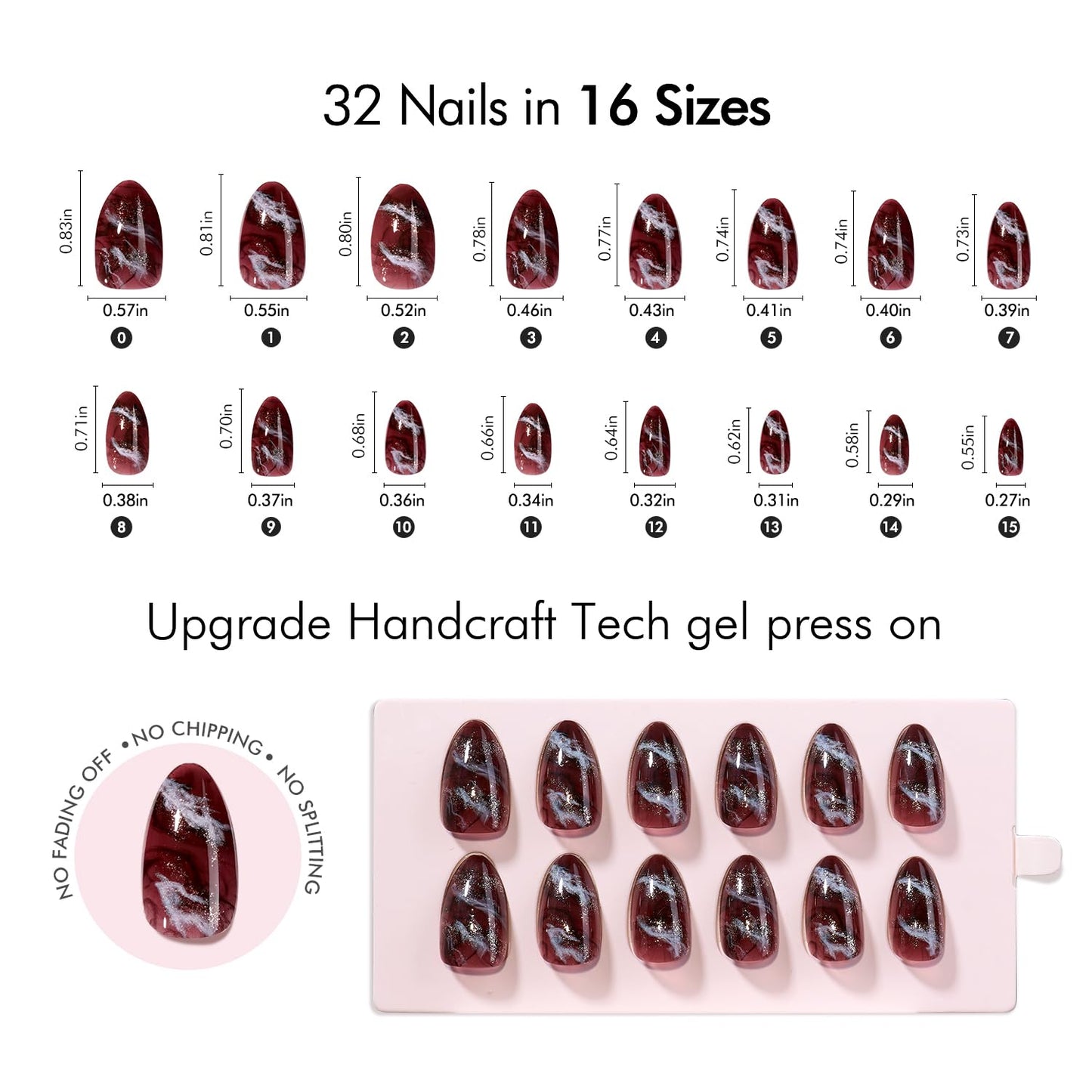 VSALON Press on Nails Short Almond - Brown Marble Glitter Glue On Nails Kit for Women, Reusable Opaque Salon Quality Swirl Fake Nails - 32 PCS Stick on Nails in 16 Sizes with Glue & Cuticle Oil