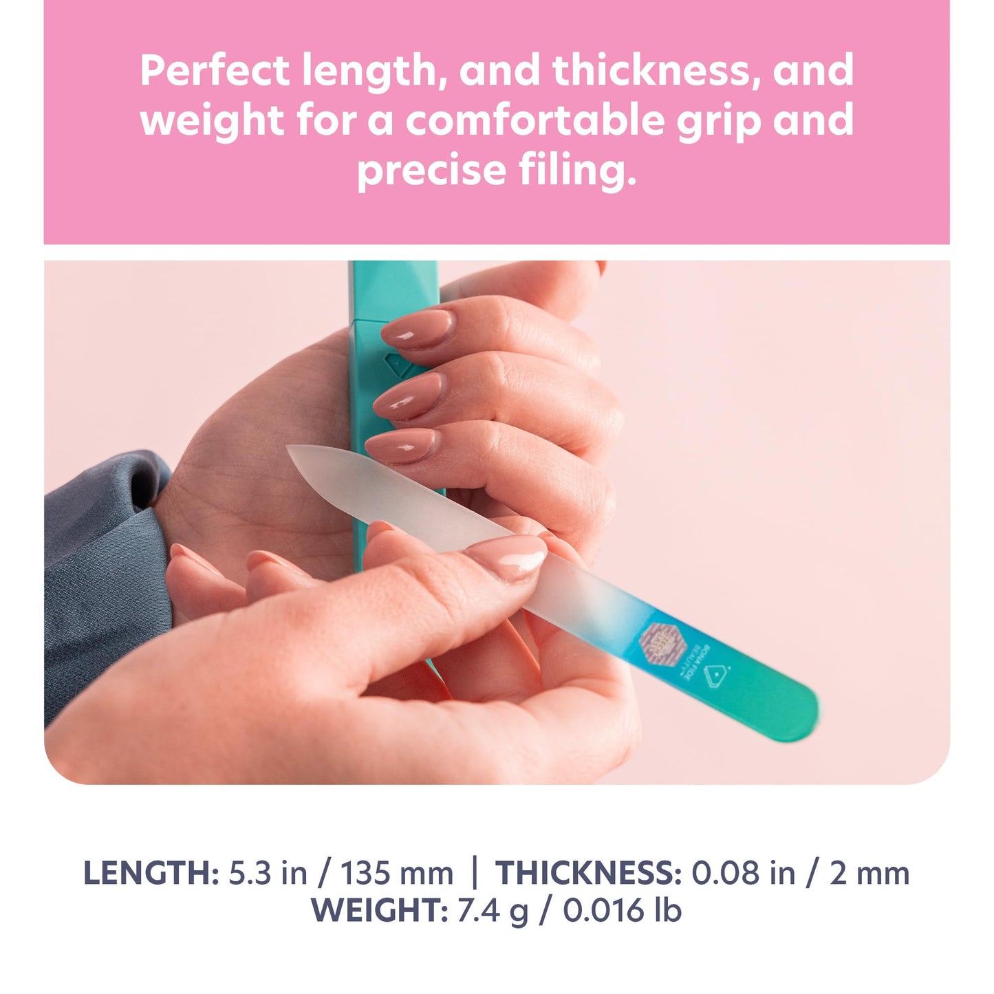 Bona Fide Beauty Glass Nail File with Case (Aqua) - 1 Piece Luxurious Gifts for Women, Crystal Etched Nail File for Natural Nails