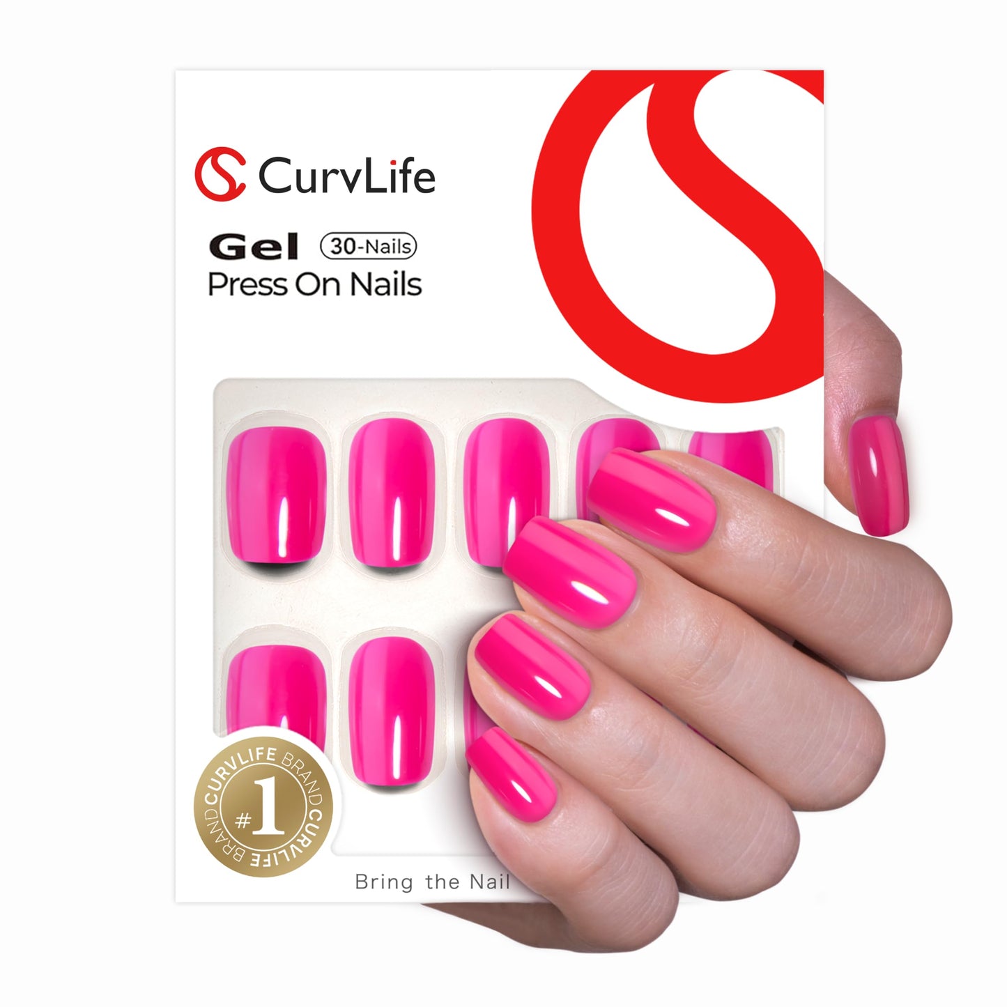 CurvLife Press on Nails Short Square Acrylic Fake Nails with Apricot Design Full Cover False Nails Glossy Nude Glue on Nails Artificial Stick on Nails for Women (Bright-Pink)