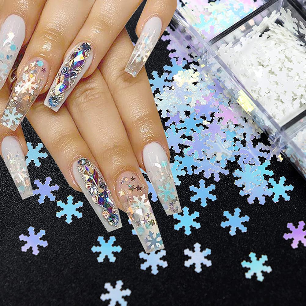 6 Grids 3D Snowflake Winter Nail Sequins - Snow Flakes Nail Glitter Christmas Snowflakes Designs Manicure, Xmas Nail Art Stickers for Winter, Nail Stickers for Christmas Party Accessories Decorations