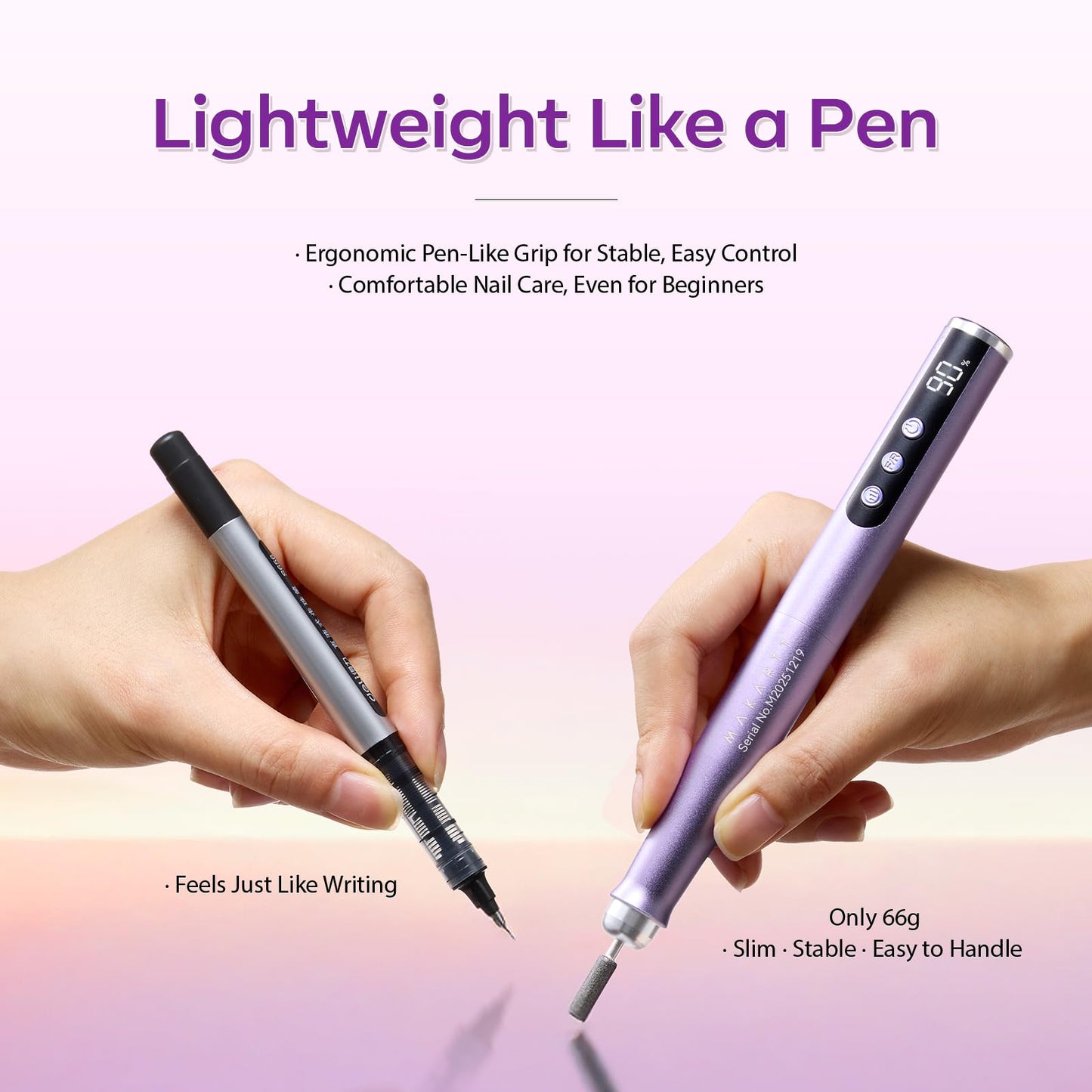 Makartt Pen-Shaped Rechargeable Nail Drill for Beginners: 25,000 RPM Cordless Electric Nail File with 5-Speed LED Display, Lightweight Quiet E File Kit for Gel Polish Removal, Home Travel Use(Purple)