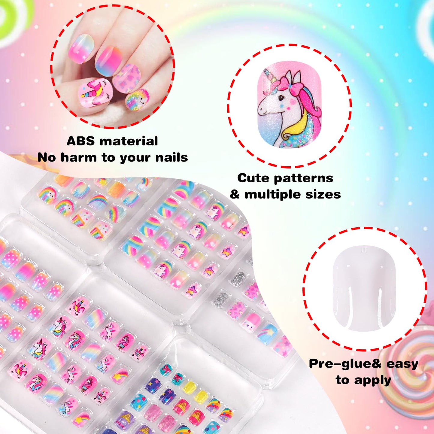 SIUSIO 6 Pack Press on Nails kids Children Acrylic Fake Nails Cute Pre-glue Full Cover Gradient Color Rainbow Short Stick On False Nail Art Kits Set for Kids Little Girls - Rainbow Dream