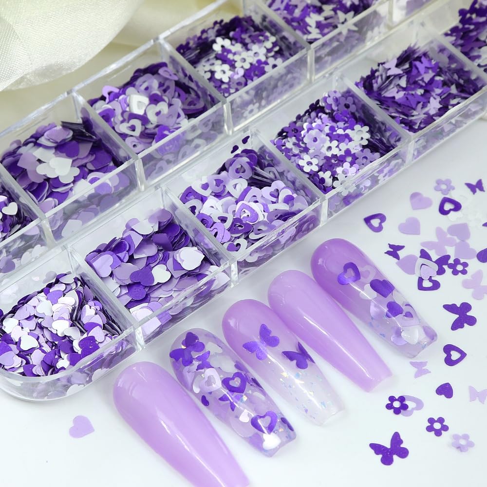 1 Box 2 Color Holographic Hearts Flower Nail Glitter Purple Nail Sequins 3D Butterfly Nail Flakes Sparkly Powder Flakes Shiny Nail Confetti Hollow Chunky Glitter for Nails Art 12 Grids
