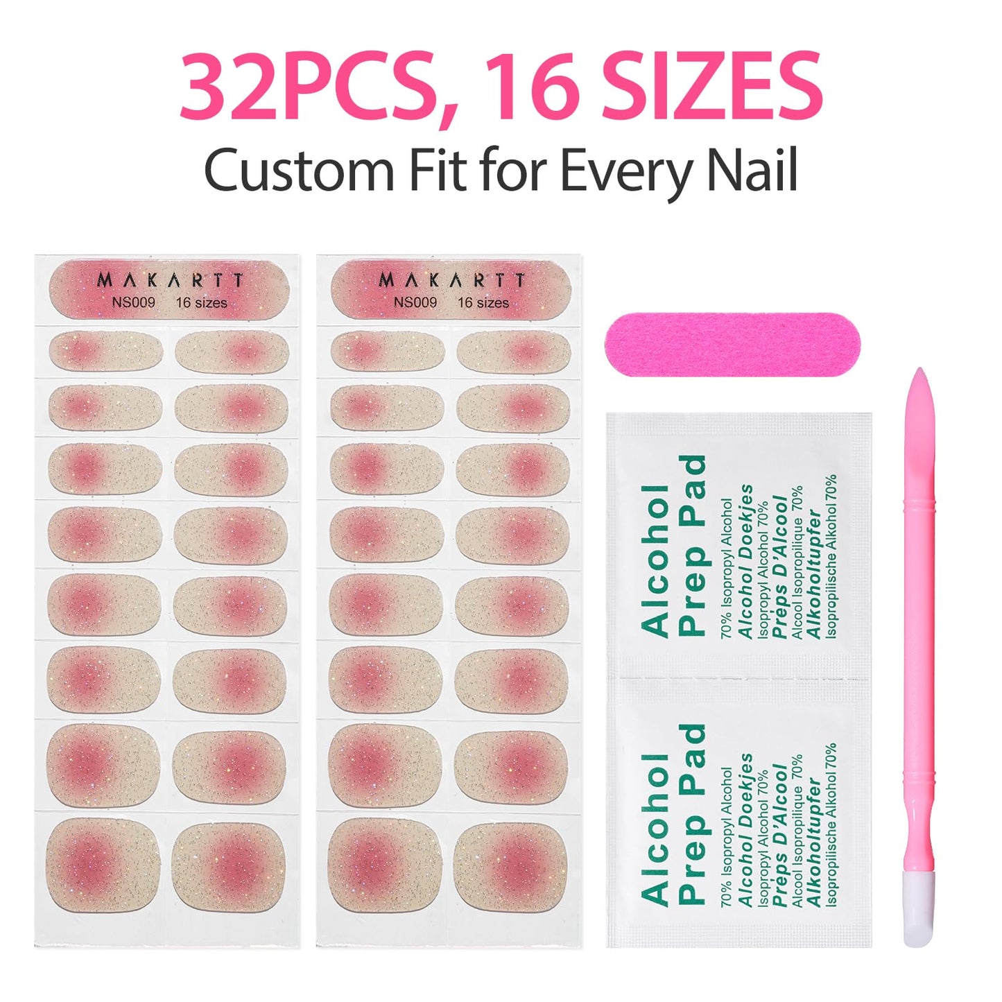 Makartt Semi Cured Gel Nail Strips Kit 2 Packs – Real Gel, Hema & TPO Free, 16 Sizes Anti-Lift Design, UV Required, Long Wear, Dual-Ended Tool & Prep Kit (Nude Ombre Glitter)