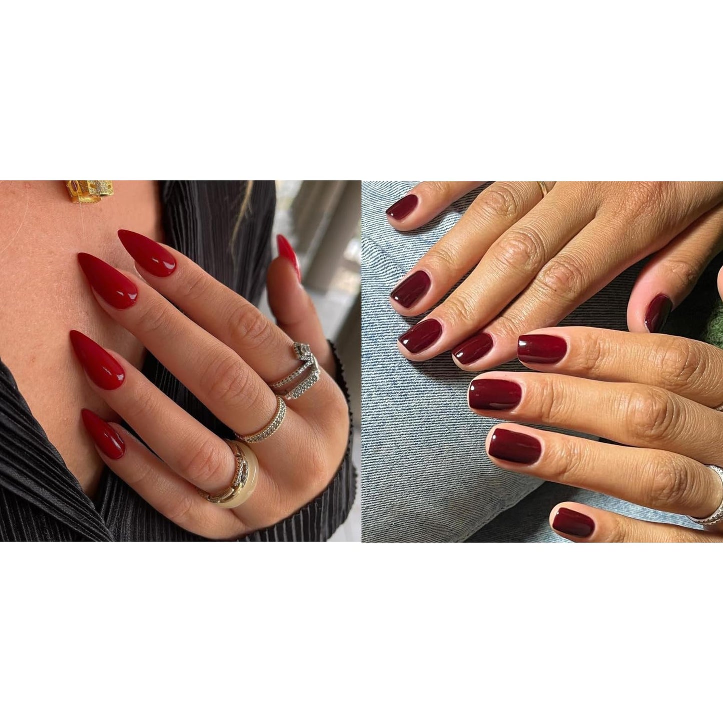 KQueenest Red Press on Nails Medium Almond&Burgundy Press on Nails Short Square For Beach Party Daily Decoration in 48 PCS