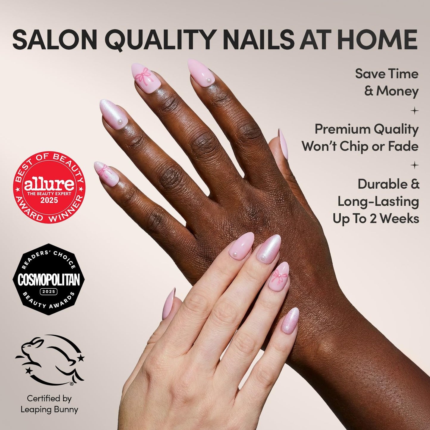 Glamnetic Press On Nails - Love Knot Spring Nails | Short Almond Fake Nails with 3D Pearls, Ribbon Bow Designs in a mix of Velvet & Glossy Finishes | 15 Sizes - 30 Nail Kit with Glue